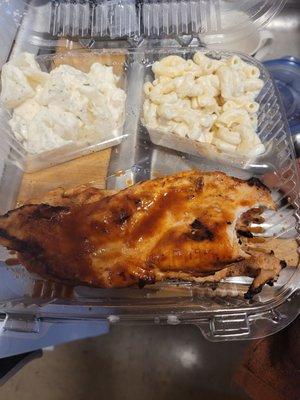 Barbecue boneless chicken with potato salad and idk what the macaroni is