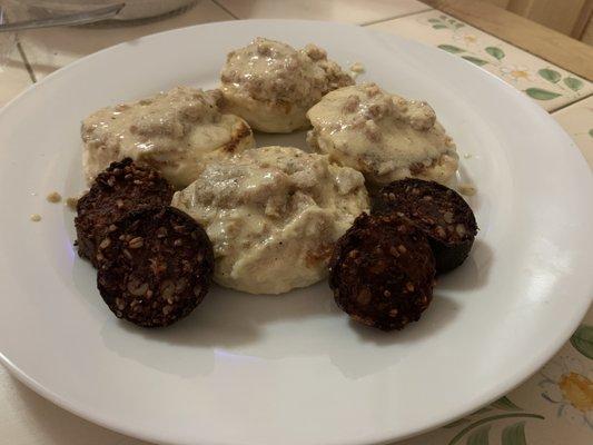 Biscuit's and Gravy, Irish Blood Sausage and White Pudding Sausage.