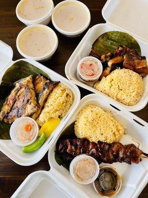 Three combos, clockwise from left to right, boneless bangus, pork liempo, 2 sticks of pork bbq