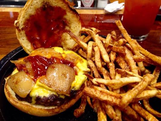 CLASSIC BURGER - 
Fresh ground beef, topped with tomatoes and onions served on a soft brioche bun with ketchup and mustard.  Eh.