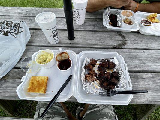 Burnt ends, potato salad and corn bread