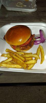 The mascot chicken sandwich and hand-cut fries