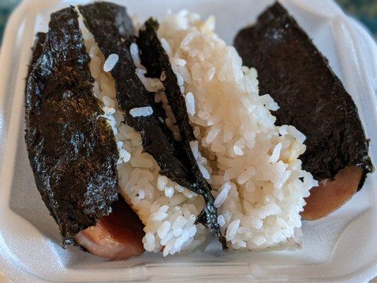 One order of Spam Musubi comes with two pieces of Musubi. Unfortunately the Nori tore probably due to steam, but it still tasted awesome!