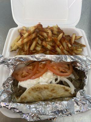 Gyro sandwich $7.99 + mild sauce on fries $0.50