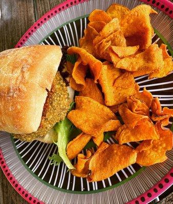 Falafel sandwich with sweet potato chips.