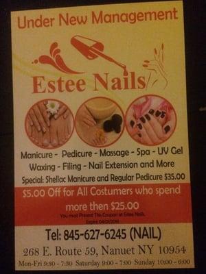 Estee Nails Under New Management New hours Monday to Friday 9:30-7:30 .Saturday 9:00-7:00 and Sunday 10:00-6:00 Estee Nails