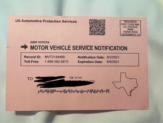 Mailer from US Automotive Protection services