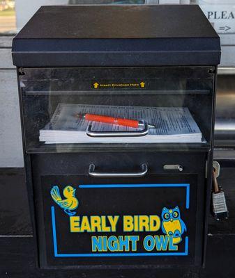 This is the night drop box next to the shop.  Photo taken August 23, 2023.