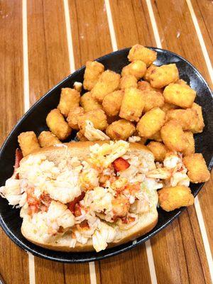 A very expensive but sad and sloppy lobster roll, crispy tots stole the show