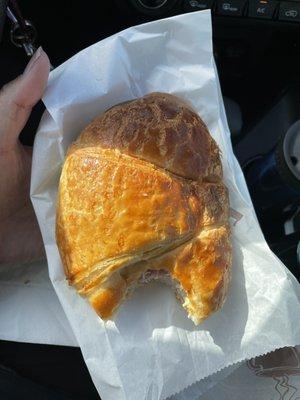 Ham and cheese croissant breakfast sandwich.