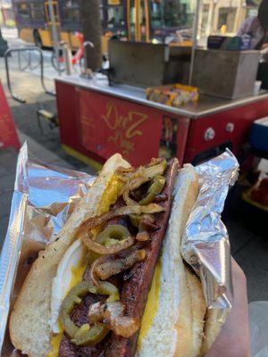 Seattle dog with light onions and jalapeños