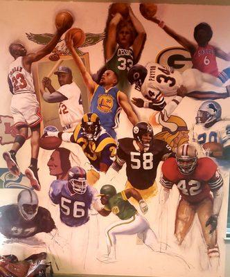 Dynamic sports mural in progress by Lonnie López.