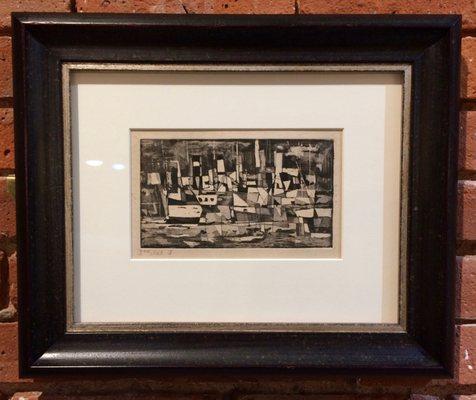 A vintage original etching framed with a single archival mat and museum glass; the frame is a classic profile(dark umber/silver lip)