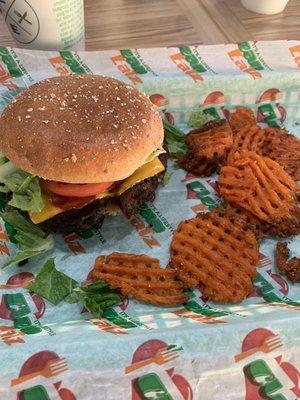 Black bean burger with sweet potato fries