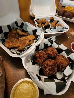 Fried okra, fried green tomatoes, and fried balls of boudin goodness!