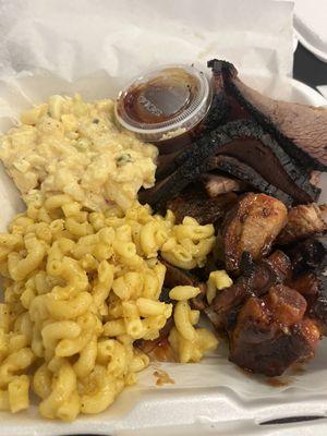 Two Meat Combo (Brisket and Rib Tips) with two sides (Potato Salad and Mac & Cheese)