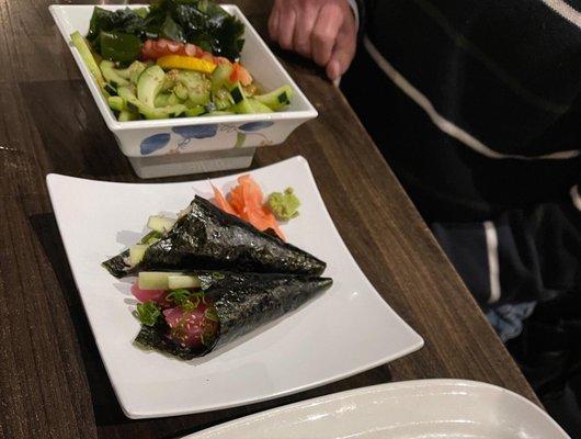 Closer look at the California roll, the TNT spicy tuna roll, & the octopus salad.