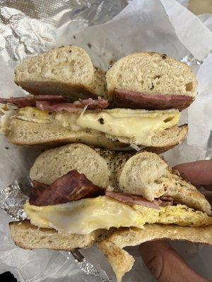 Turkey bacon egg and cheese on a bagel