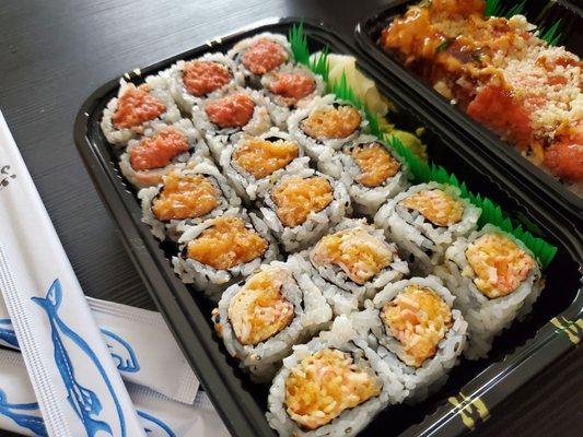 3 roll combo spicy tuna, spicy salmon, spicy Kani. Comes with a soda you grab out of their fridge display.