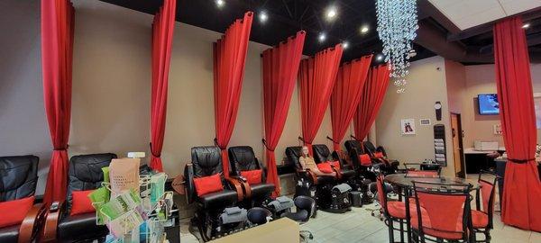 Massage chairs, pedicure stations