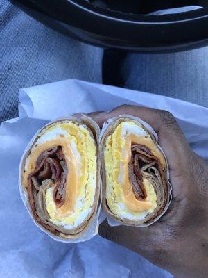 Bacon, Egg & Cheese on a Wrap ($7.00)