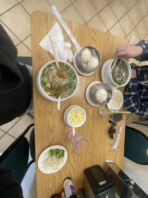 Pho, steamed pork buns, egg drop soup