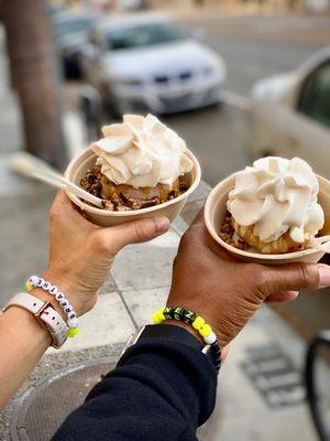 Coconut-honey, vanilla date with vegan crumble cookies, hemp seed and coconut whip. Topped with raw salted caramel!! Heaven in a cup!