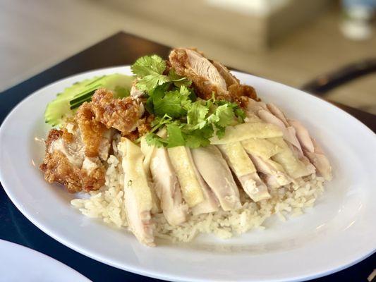 Steamed Dark Chicken and Fried Chicken with garlic rice