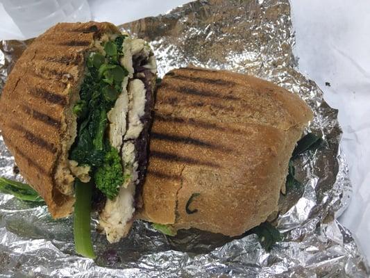 Whole wheat, broccoli rabe, grilled chicken and an olive spread