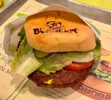 Beyond burger with fresh toppings and mustard