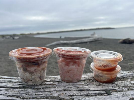 Crab cocktail, shrimp cocktail, oyster shooters