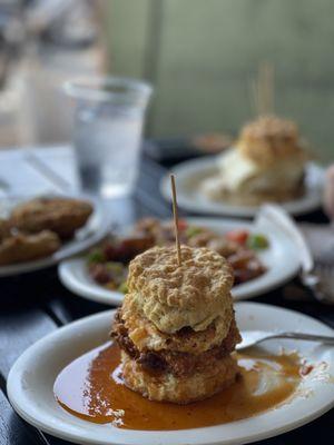 Fried chicken sandwich with goat cheese and pepper jam. Yummy!