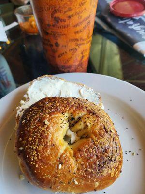 Everything Bagel w/cream cheese and a Lavender Latte