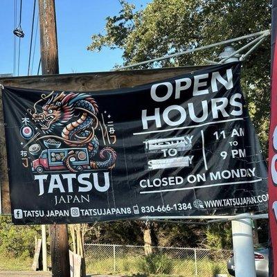 Sign posted at the truck with hours and social media links. Note that as of August 2024, they are closed on Sundays, open Mon-Sat 11a-9p.