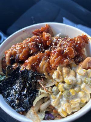 1) Glass noodles  2) Korean Fried Chicken --Sides: kimchi, corn, roasted seaweed   3) default sauce for the Korean Fried Chicken.