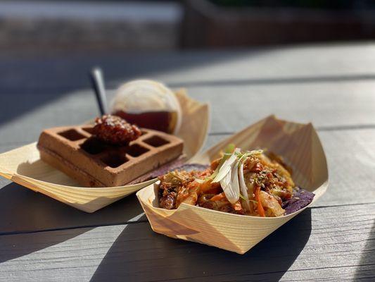 Ube waffle and loco moco taco