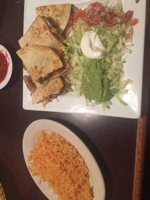 Fajita quesadilla meal with rice on the side