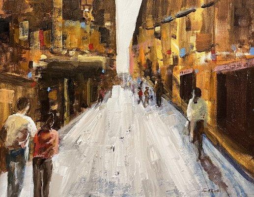 Morning Stroll 11 x 14 Acrylic on Canvas. Take a stroll down this street in Italy. Smell the Expresso brewing!