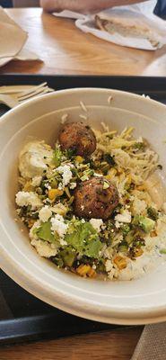 Falafel with white rice, Feta and hummus