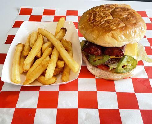 Jalapeño Sausage Burger. It's a Cheeseburger topped with Smoked Sausage and Grilled Jalapeños!!