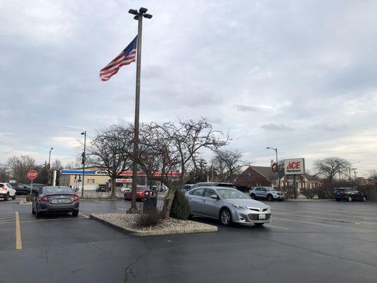 A partial view of their huge parking lot with Waukegan Road in background.