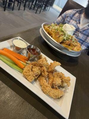 Hand breaded chicken tenders & bbq chicken nachos