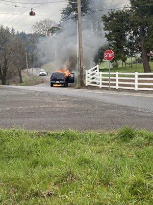 Truck on fire completely engulfed minutes after we got out