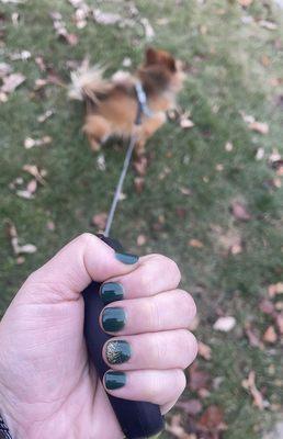 Pine green dip with glitter and a fresh manicure