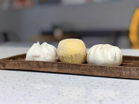 Bao Trio Sampler. Contains BBQ Pork, Ginger Mushroom Chicken and Snow Mountain Molten Lava buns.