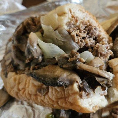 Mushroom Steak with Provolone, American, Grilled Onions and a Long Hot