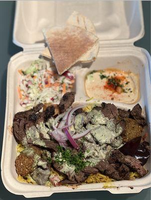 beef + lamb shawarma plate with added eggplant and falafel