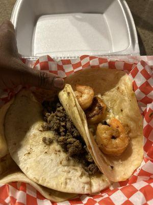 Shrimp taco and steak taco