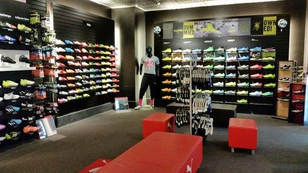 The boot (cleats) room at United World Soccer: great selection.