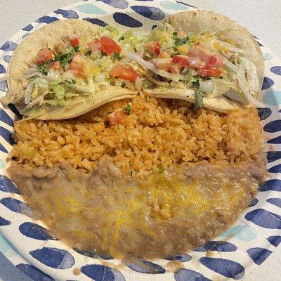 2 chicken tacos with rice and beans